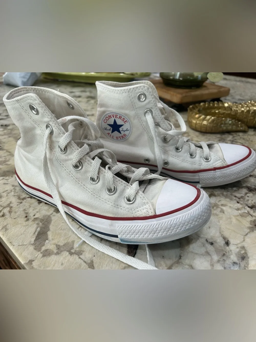 Converse High Top Sneakers in White with Red & Blue Trim - Picture 3 of 5